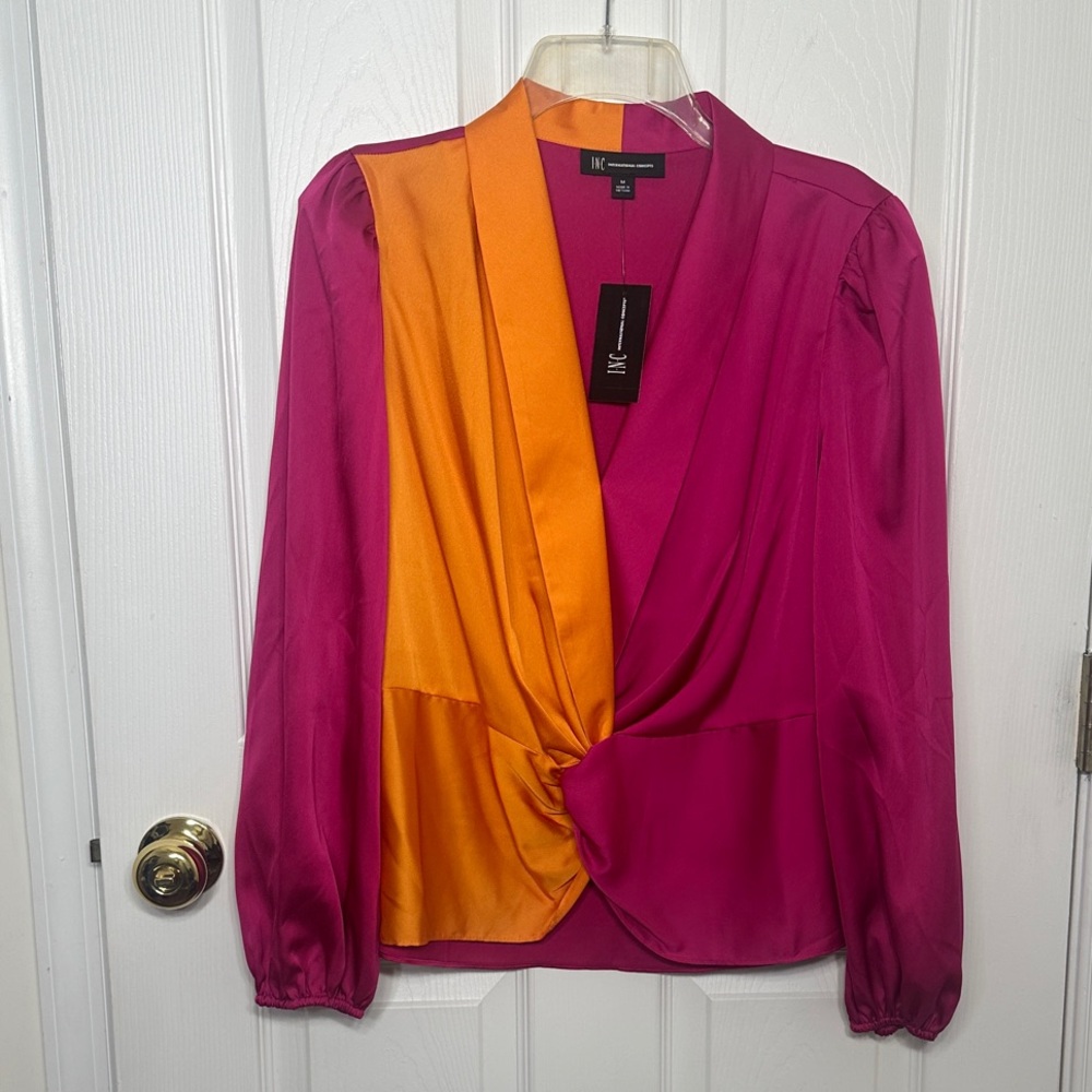INC International Concepts Fuchsia & Orange Twist-Front Blouse